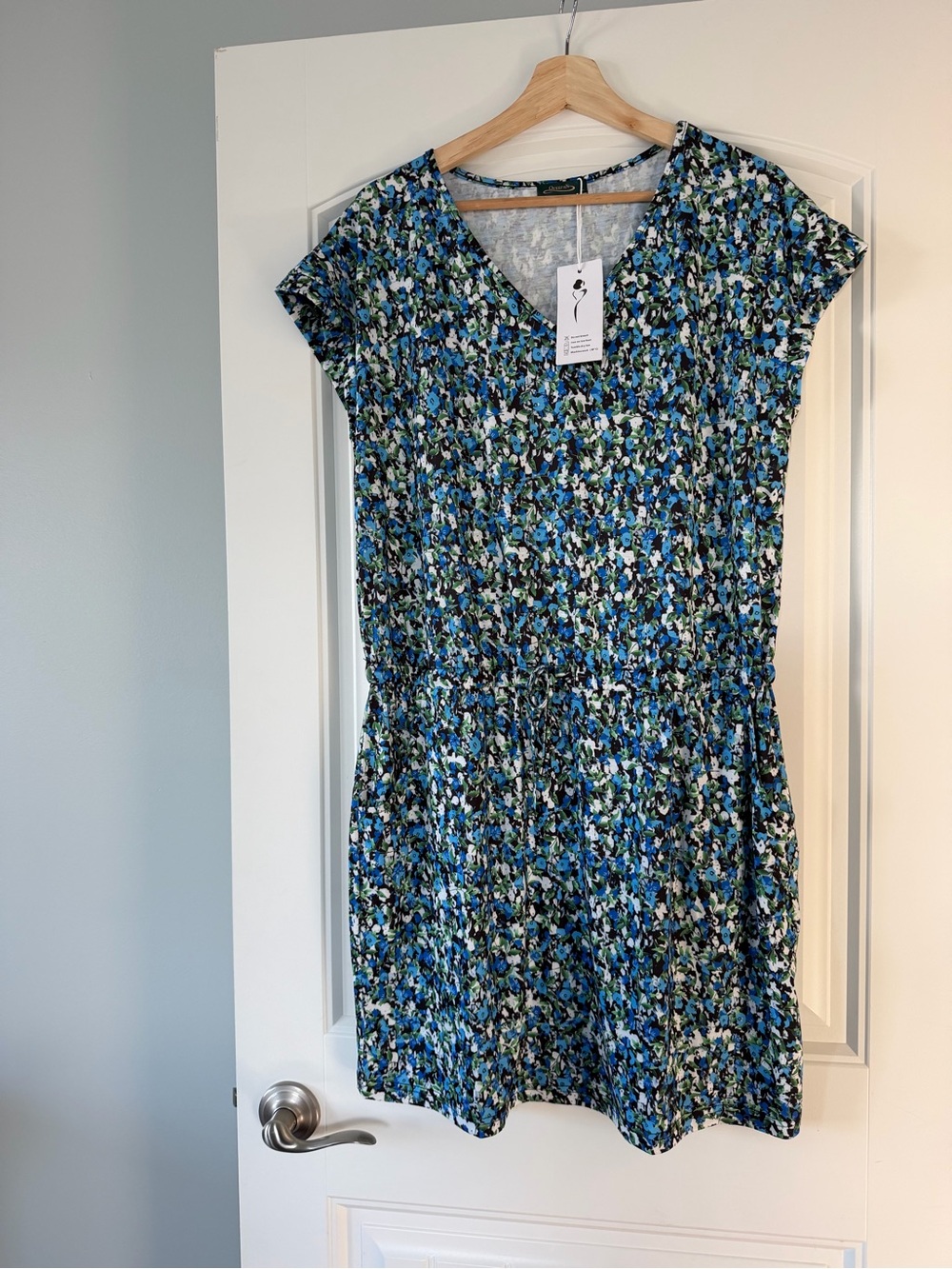 Blue Floral V-Neck Short Sleeve Mini Dress
